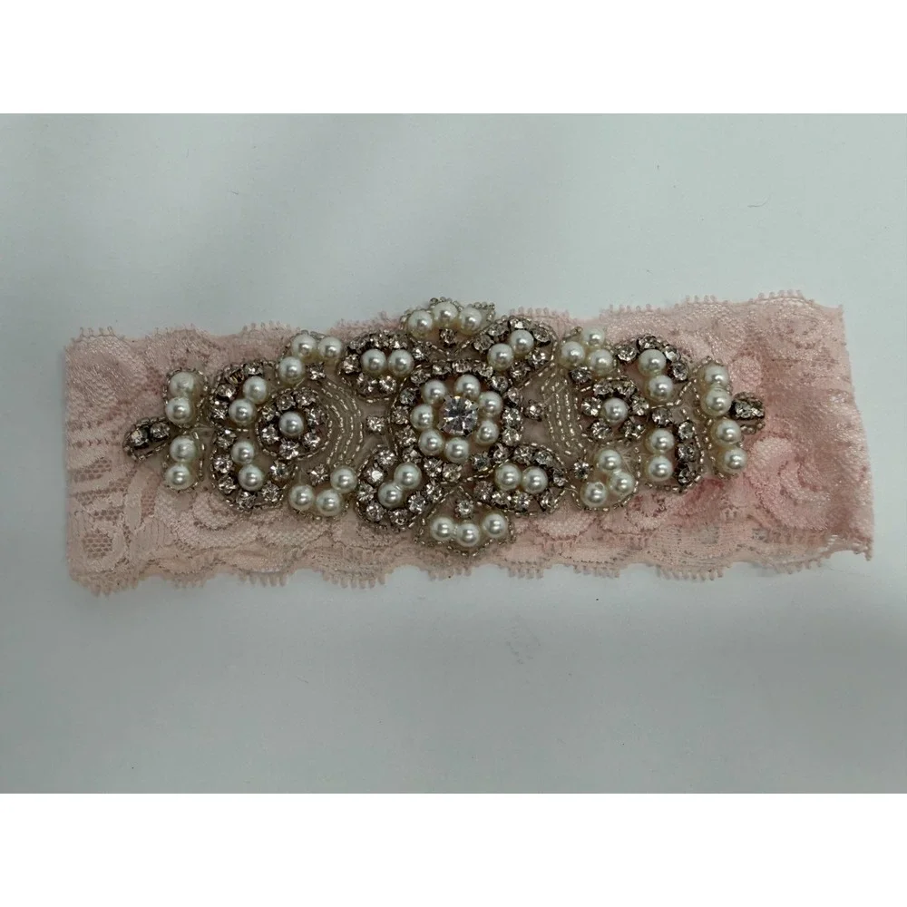 Bridal Wedding Garter Blush Pink Lace Pearl Rhinestone Crystal Beaded Bride Pink